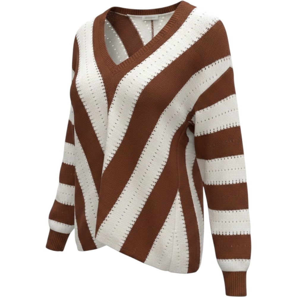V-Neck Striped Knit Sweater Womens Large Brown White Chevron Pointelle Pullover